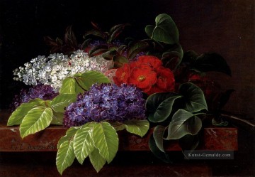 Klassische Blumen Werke - weißen und lila Flieder Camellia und Buche Blätter auf einem Marmor Ledge Johan Laurentz Jensen